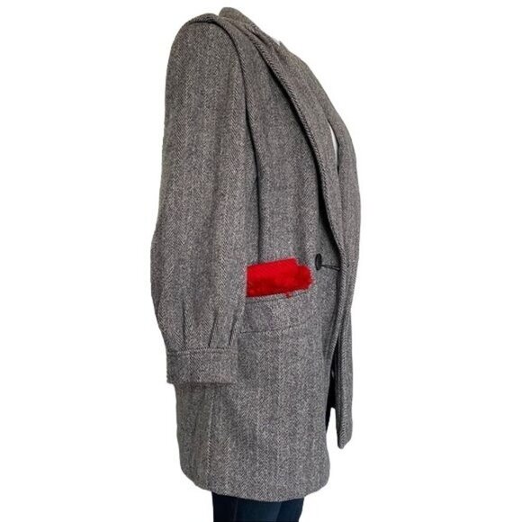 Herman Kay Vintage Pea Double Breasted Coat With Red Scarf Herringbone Tweed Siz - Picture 12 of 15